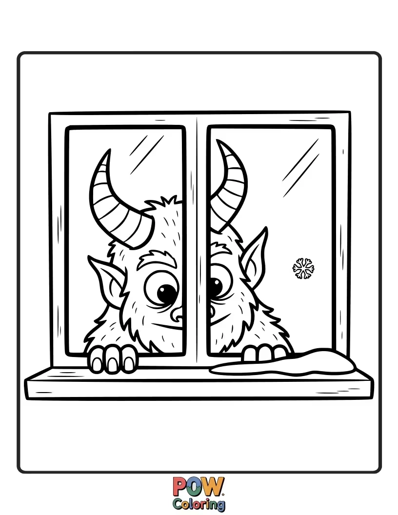 Free coloring page of Krampus peers through a frosted window pane, observing the warm lights of a house within.