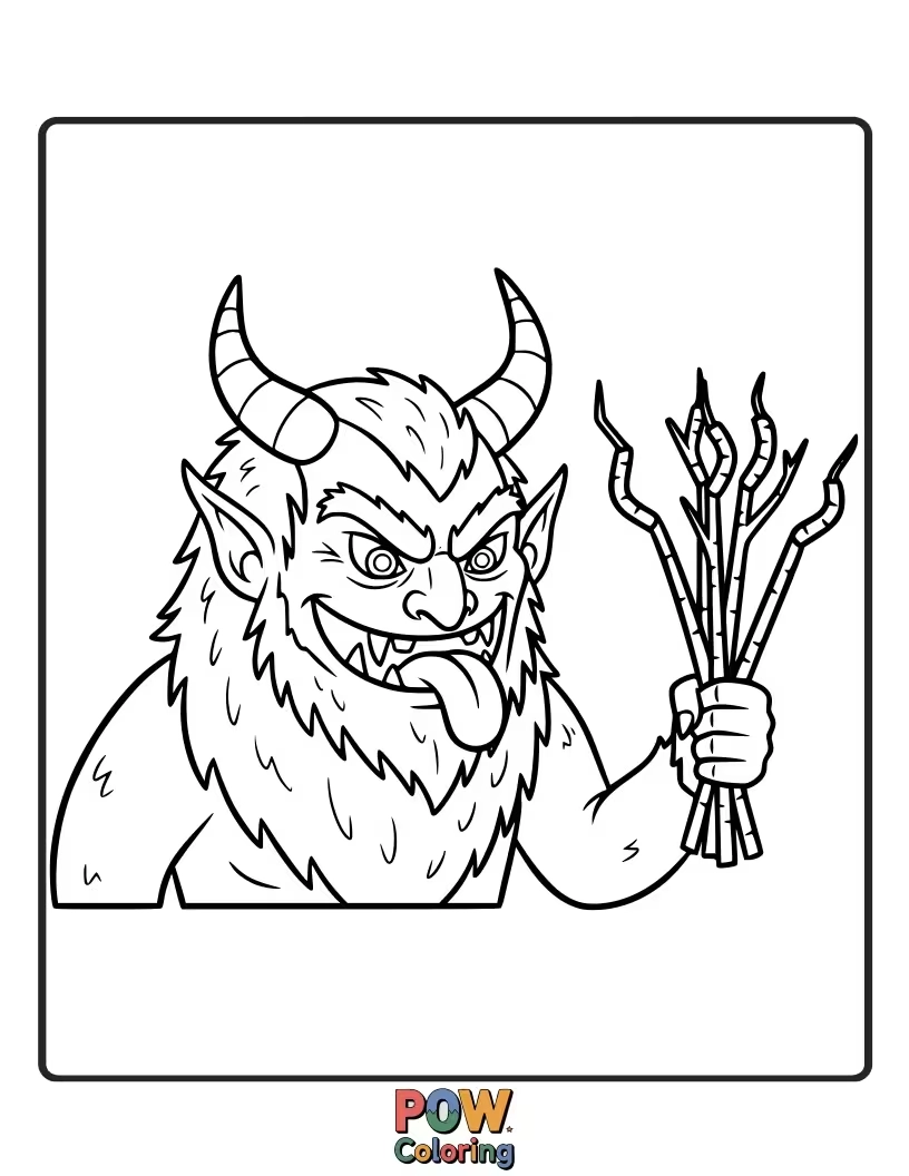 Free coloring page of A stern Krampus holds a bundle of birch switches, looking ready to deliver a playful scare.