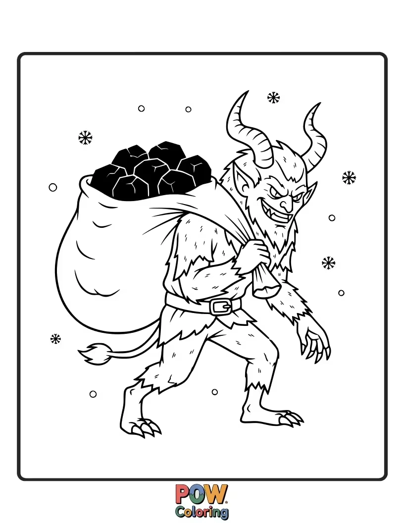 Free coloring page of Krampus carries a large sack brimming with lumps of coal, meant for those on the naughty list.