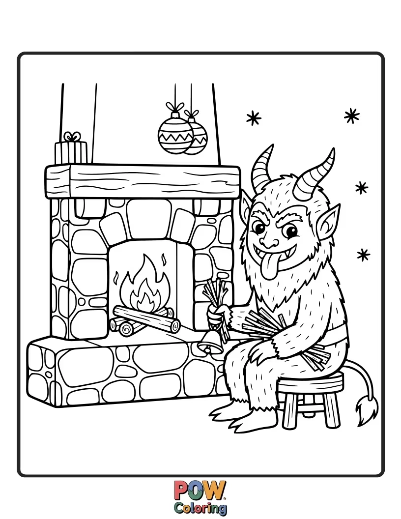 Free coloring page of Krampus sits by a roaring fireplace, looking surprisingly thoughtful, perhaps contemplating his next move.