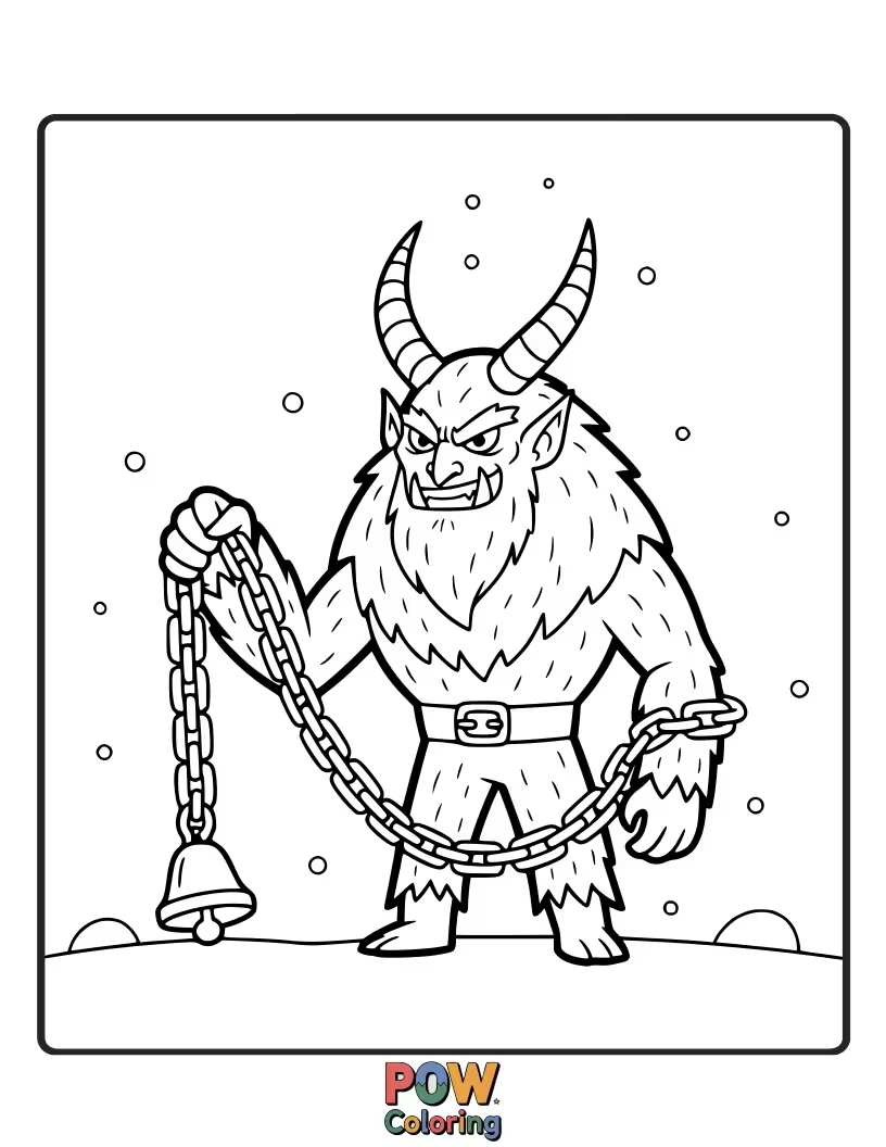 Free coloring page of Krampus is depicted with a heavy, clanking chain around his waist, a symbol of his formidable nature.