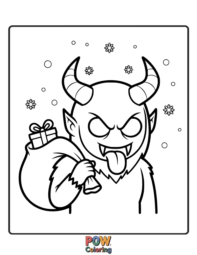 Free coloring page of Krampus's eyes glow ominously in the darkness, adding an extra layer of mystery to the scene.