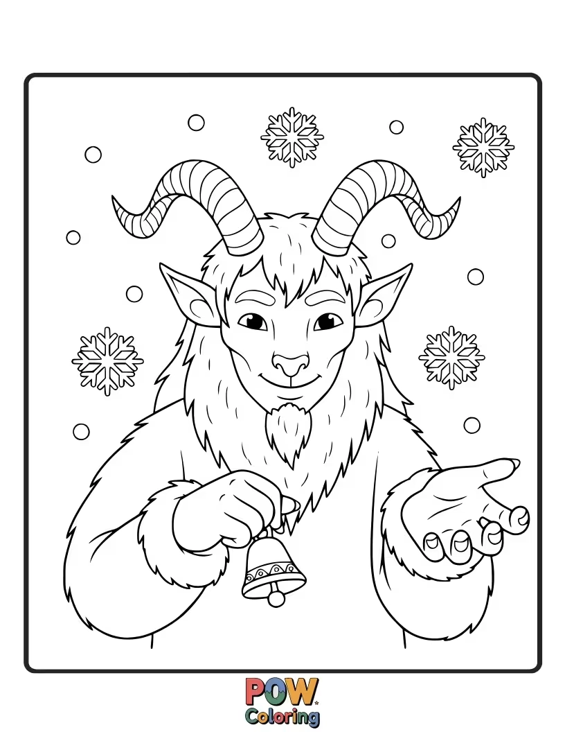 Free coloring page of Focus on the intricate details of Krampus's menacing goat horns, a central feature of his appearance.
