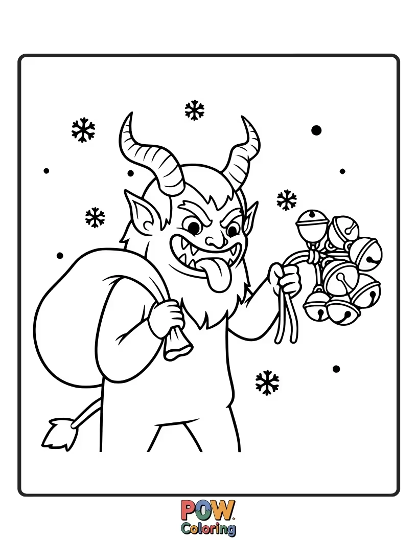 Free coloring page of Krampus wears a harness adorned with large, clanking jingle bells as he strides through a village.