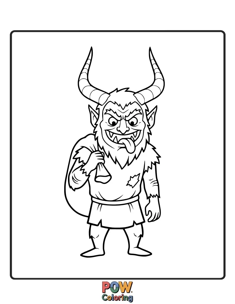 Free coloring page of Krampus sports a surprisingly gruff, yet almost friendly, smile, making him less intimidating.