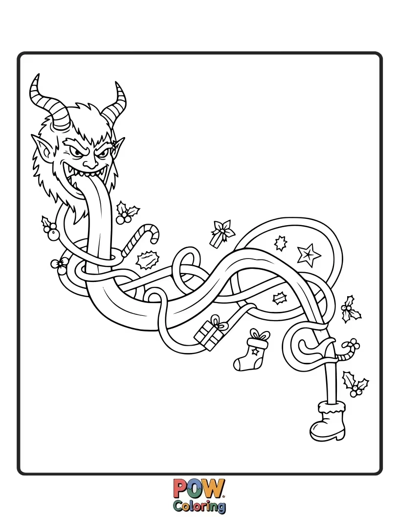Free coloring page of A close-up of Krampus's sharp teeth and his iconic, elongated tongue, ready for a mischievous lick.
