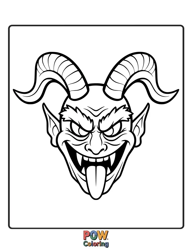 Free coloring page of A close-up portrait of Krampus's fearsome face, showcasing his sharp teeth and piercing eyes.