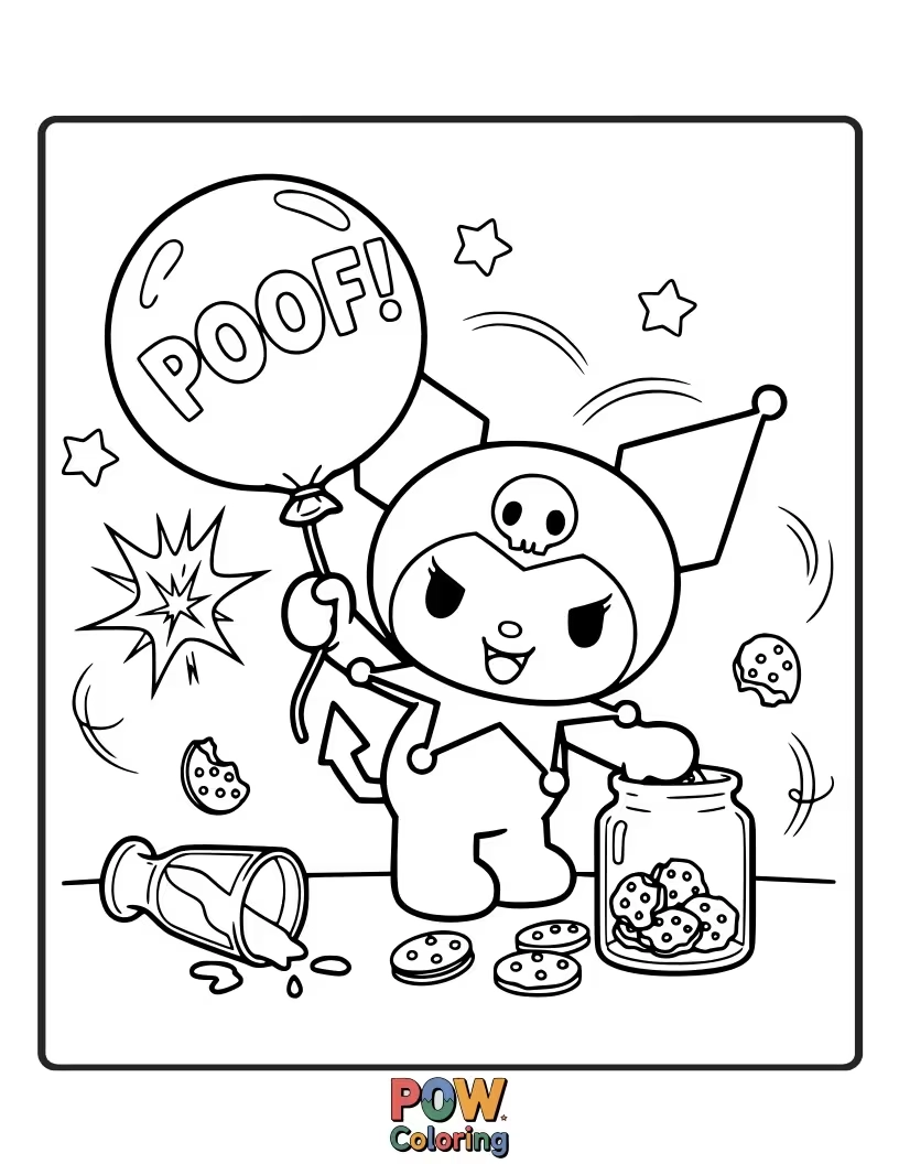 Free coloring page of Kuromi with a playful smirk, surrounded by musical notes and a skull.