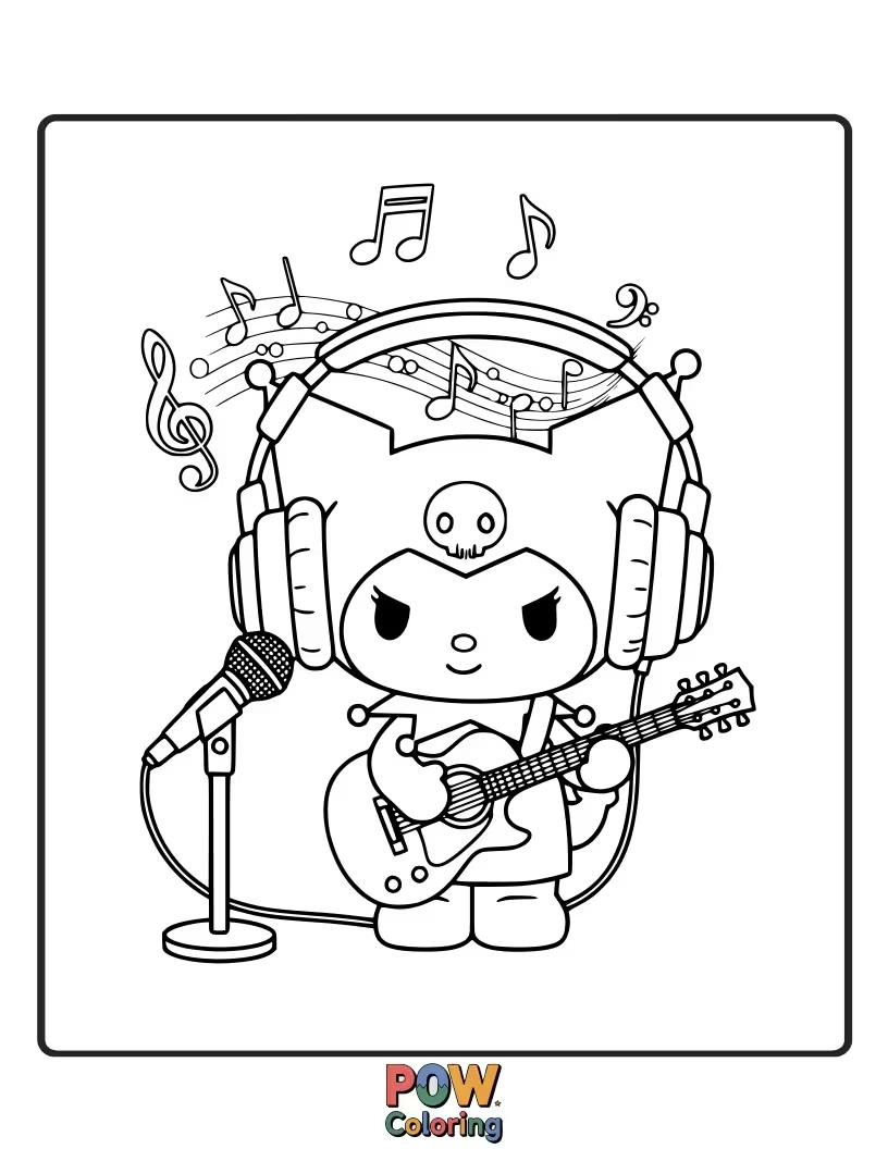Free coloring page of Kuromi enjoying her favorite music with headphones and a boombox.