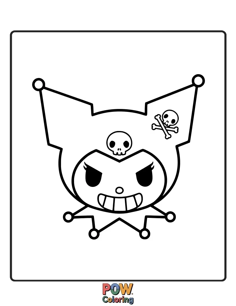 Free coloring page of Kuromi decorating her room with fun skull-themed posters and accessories.