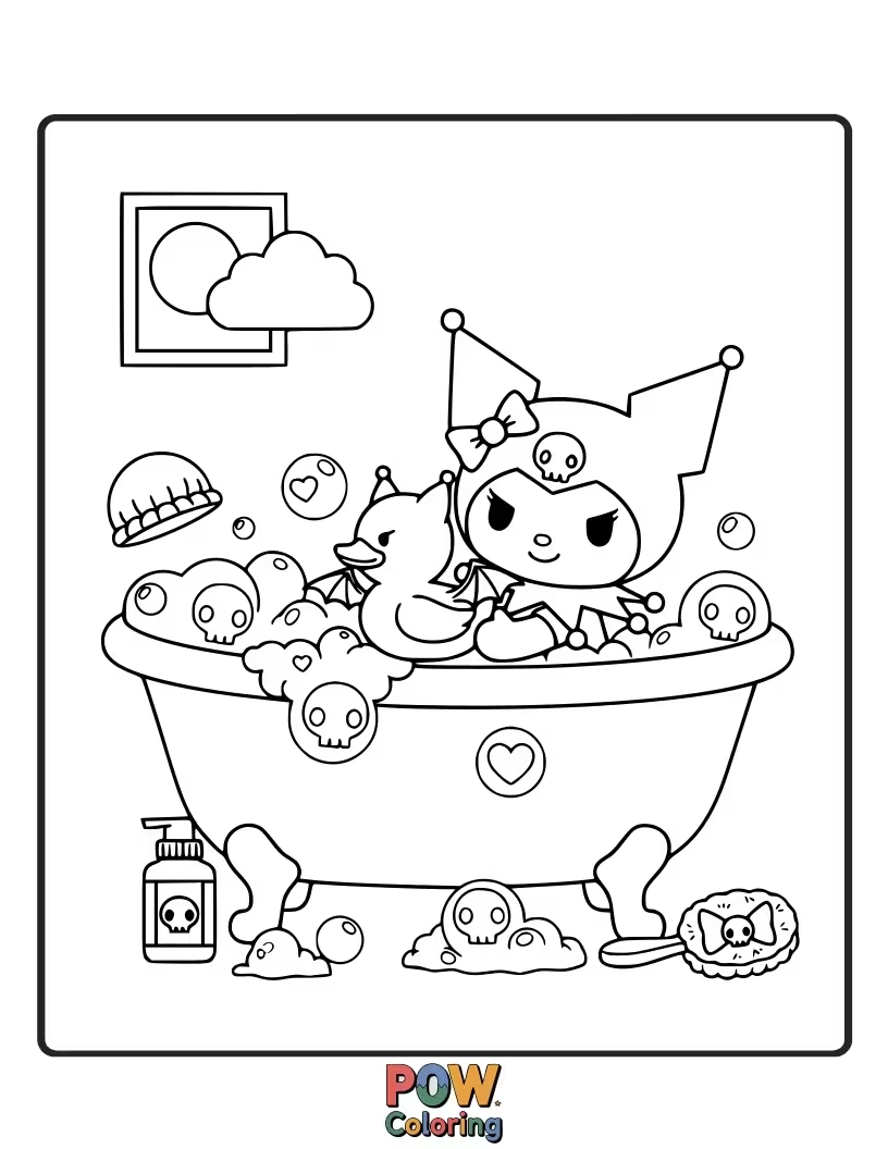 Free coloring page of Kuromi bathes in a tub overflowing with rubber duckies and sparkling bath bombs, splashing happily.