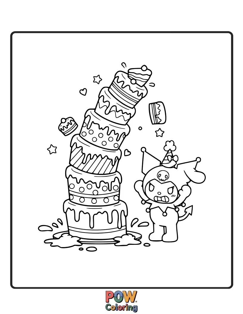 Free coloring page of Kuromi accidentally drops a gigantic, elaborately decorated cake, leaving frosting splattered everywhere.