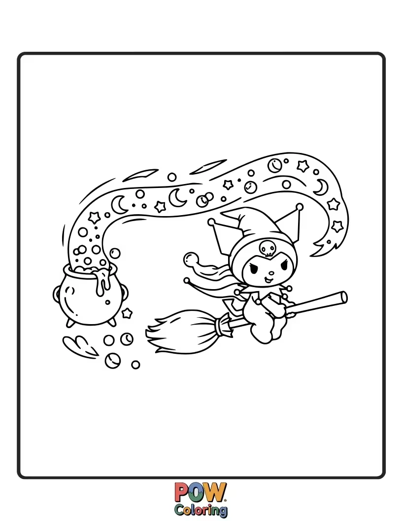 Free coloring page of Kuromi accidentally drinks a bubbling, glowing potion that makes her float just inches off the ground.