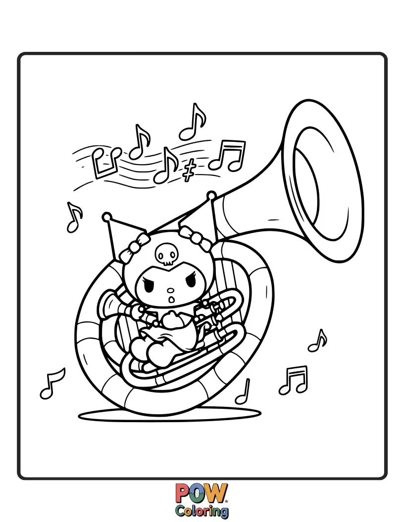 Free coloring page of Kuromi plays a cacophony of out-of-tune instruments, surrounded by startled woodland creatures covering their ears.