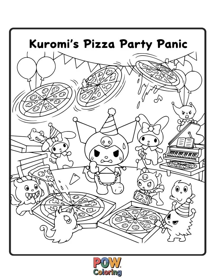 Free coloring page of Kuromi tries to juggle multiple slices of pizza, with toppings flying everywhere in a delightful mess.