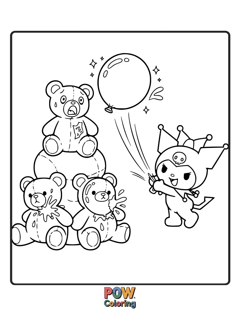 Free coloring page of Kuromi joyfully launches a surprise glitter bomb, showering a bewildered My Melody with shimmering chaos.