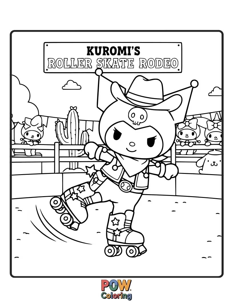 Free coloring page of Kuromi tries to ride a runaway roller skate like a bucking bronco, holding on for dear life.