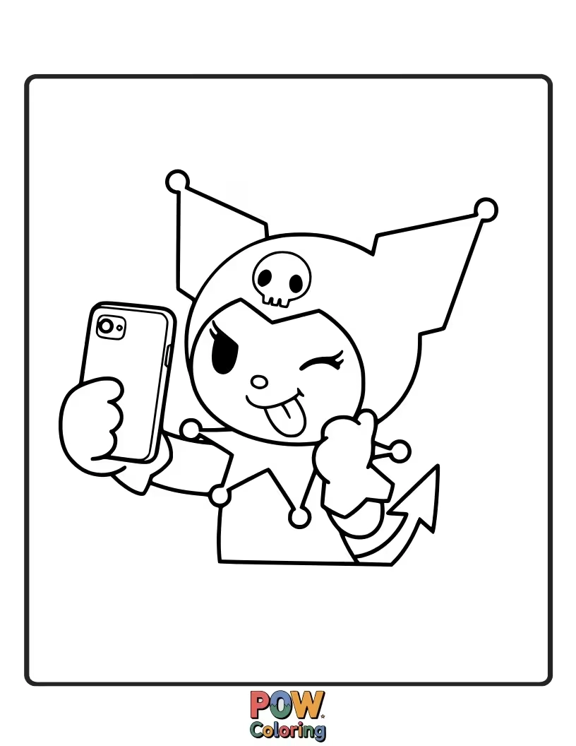 Free coloring page of Kuromi strikes a dramatic, goofy pose for a selfie, complete with devil horns and a wink.