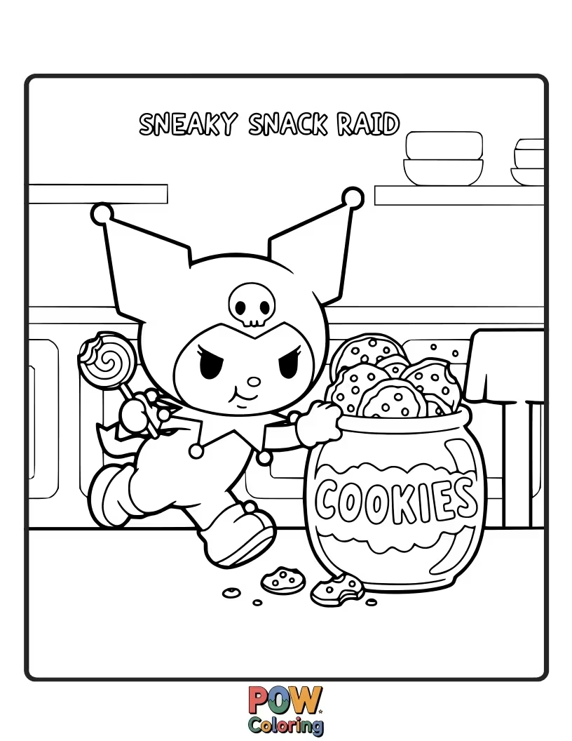 Free coloring page of Kuromi tiptoes through a pantry, attempting to pilfer a giant slice of rainbow cake undetected.