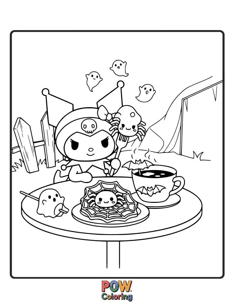 Free coloring page of Kuromi gleefully devours a giant, suspiciously wiggly, and brightly colored jelly worm with a mischievous grin.