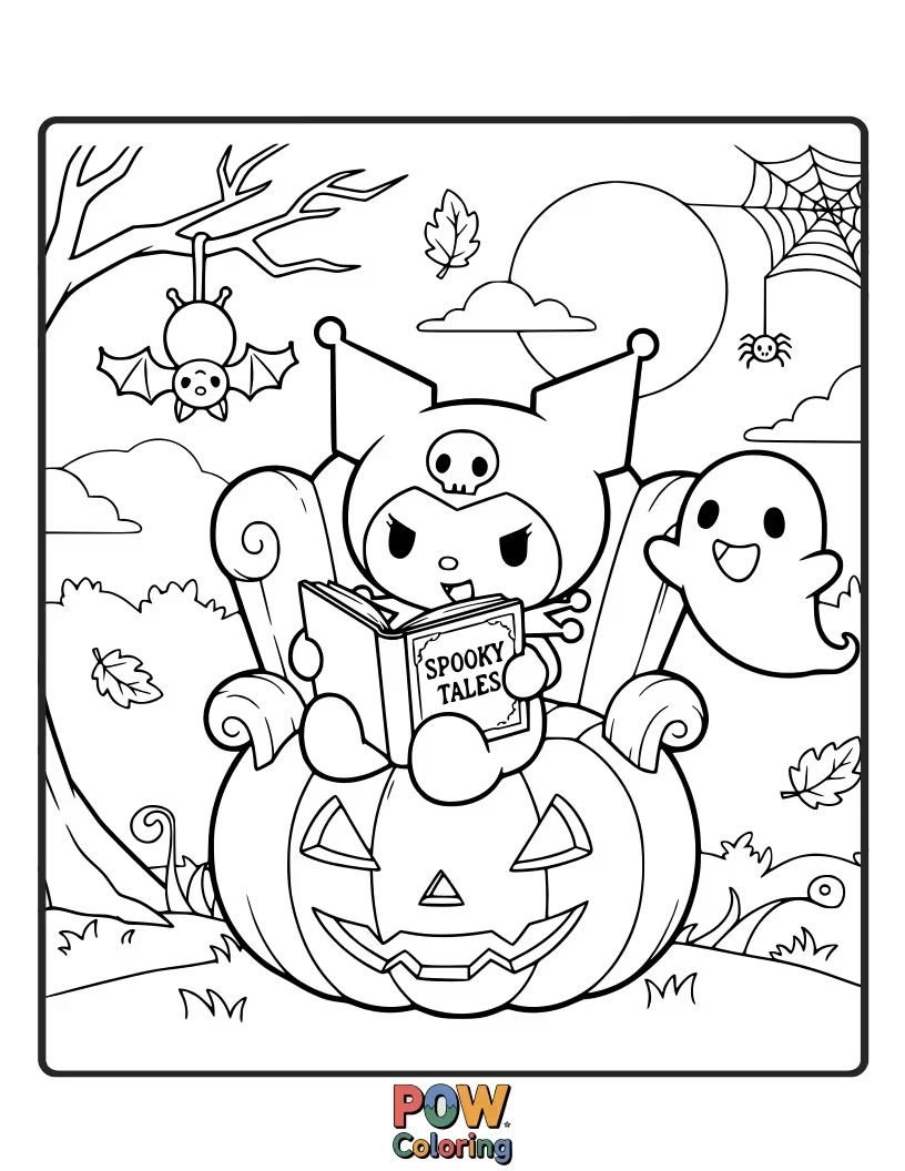 Free coloring page of Kuromi reads a scary story to a group of wide-eyed, slightly nervous little ghosts.