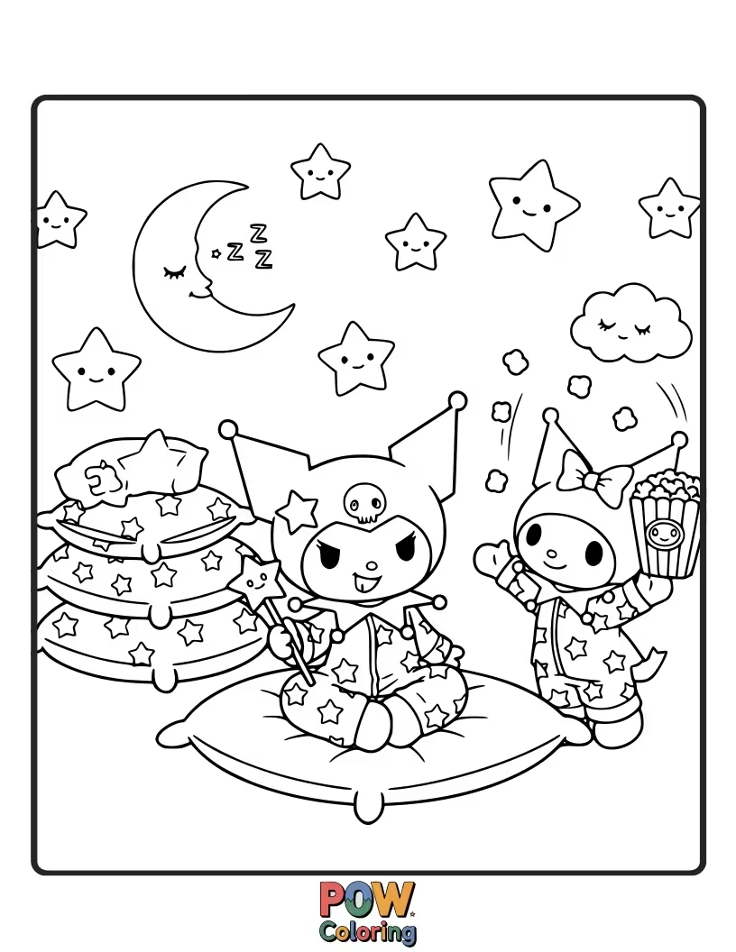 Free coloring page of Kuromi wears oversized, starry pajamas and dances joyfully with a group of sleepy, giggling stars.
