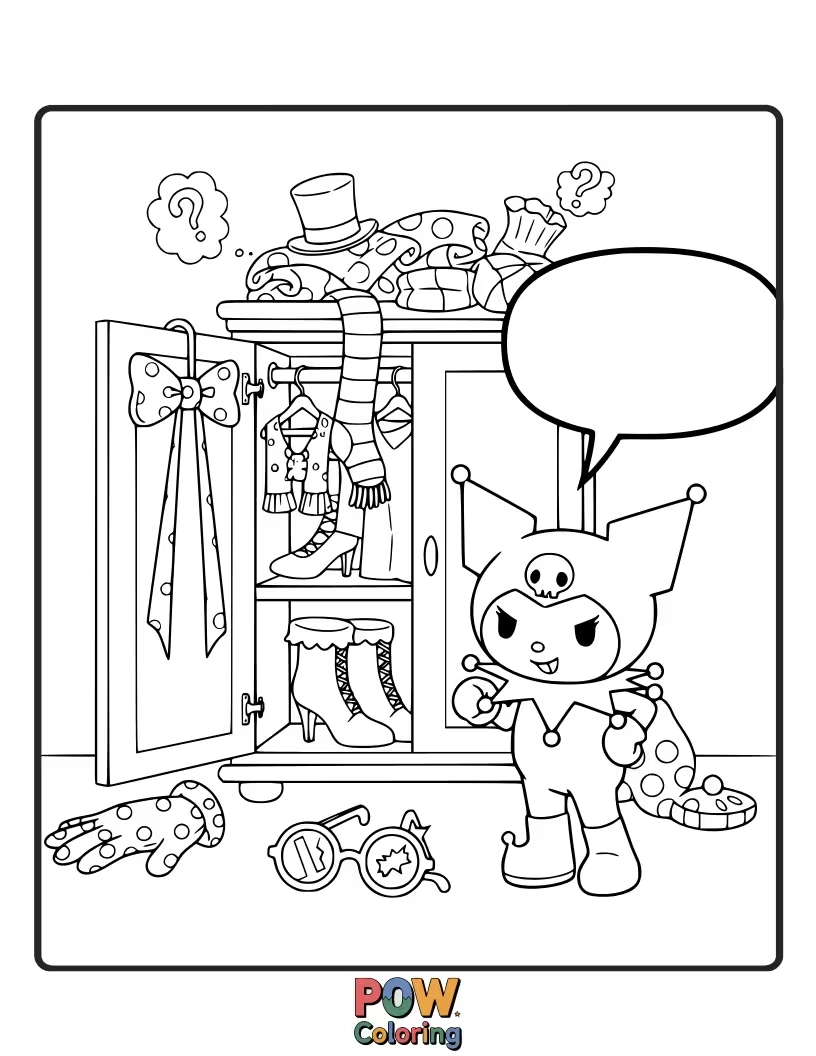 Free coloring page of Kuromi emerges from a closet overflowing with bizarre outfits, each more ridiculous than the last.