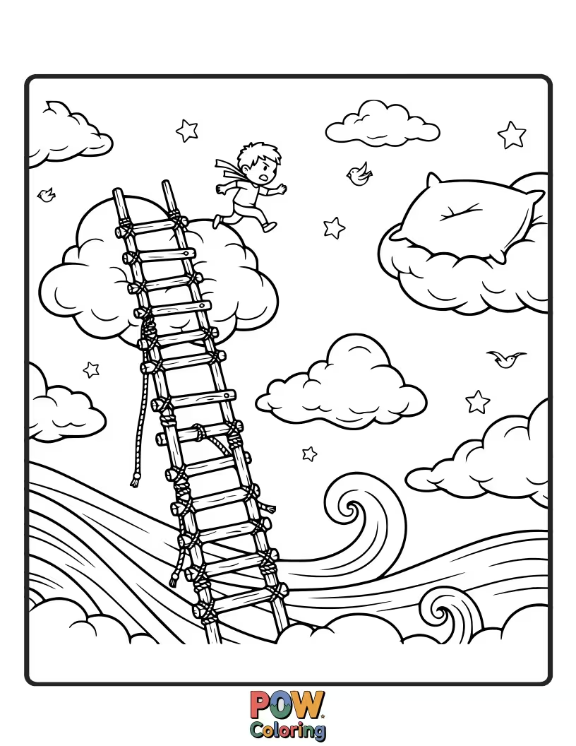 Free coloring page of A tall, friendly ladder reaching up to touch a smiling star.