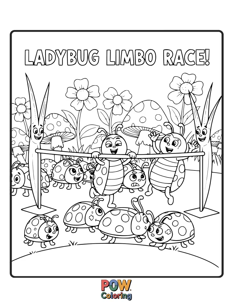Free coloring page of Challenging ladybugs are bending and limboing under a string in a unique and funny race.