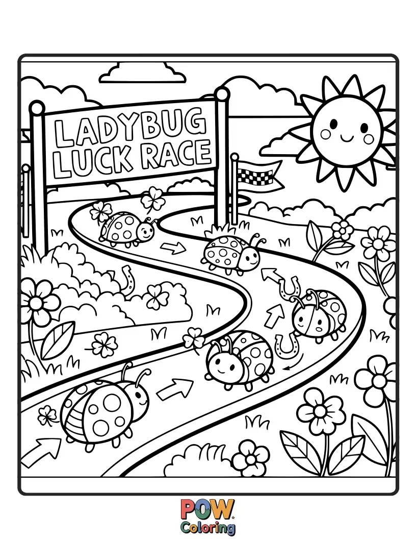 Free coloring page of Tiny ladybugs with determined spots are crawling with all their might in a charming garden race.