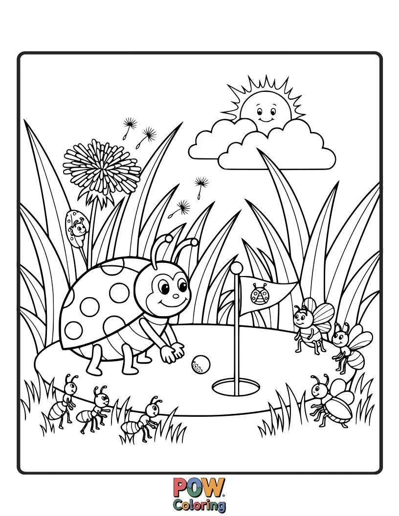 Free coloring page of A tiny ladybug proudly surveying a miniature golf course made of leaves and pebbles.