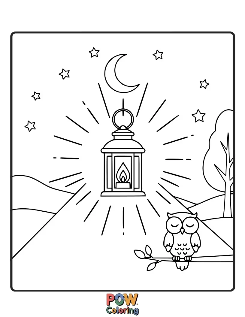 Free coloring page of A camping lantern casting a warm glow on a picnic table. Learn about portable light sources for the dark.