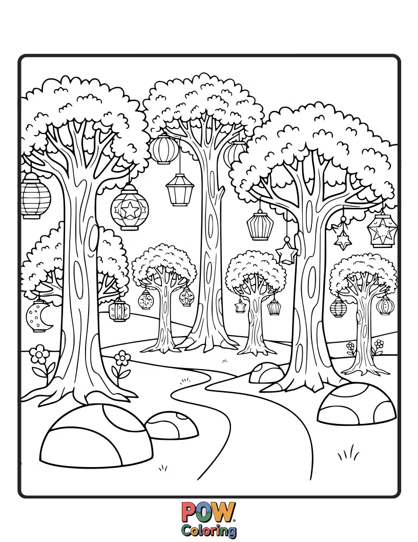 Free coloring page of Trees with delicate, glowing lanterns hanging from their branches, illuminating a magical evening.