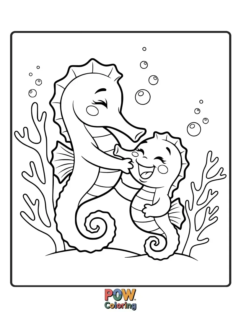Free coloring page of Two adorable seahorses playfully tickling each other with their snouts, resulting in bursts of laughter.