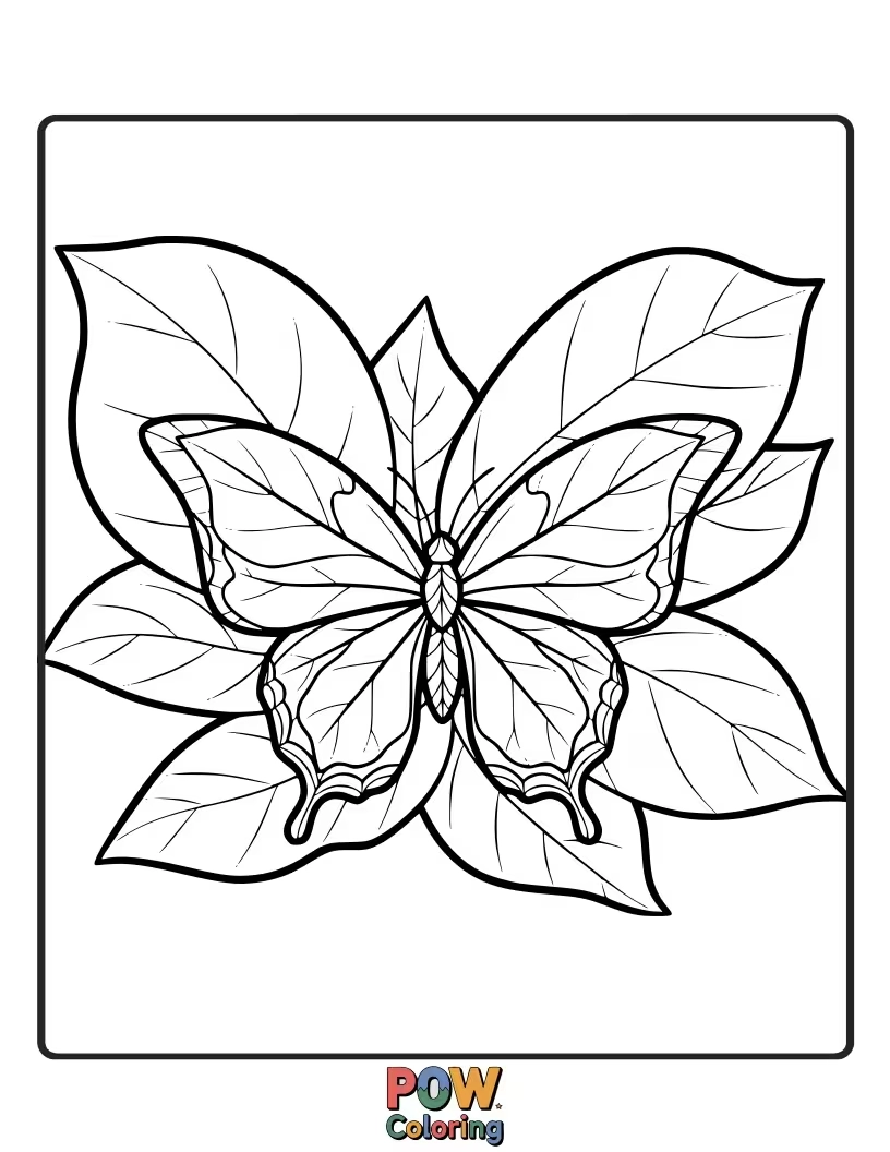 Free coloring page of A clever butterfly with wings designed like realistic leaves, blending perfectly into its lush green surroundings.