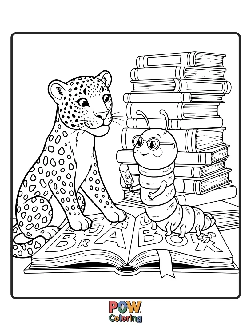 Free coloring page of This studious leopard is engrossed in a large book, its nose almost touching the pages. What story is it reading?