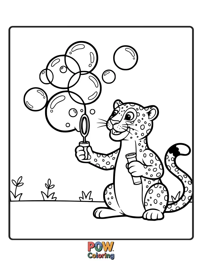 Free coloring page of This playful leopard is chasing and popping giant, colorful bubbles. What hues will the bubbles be?