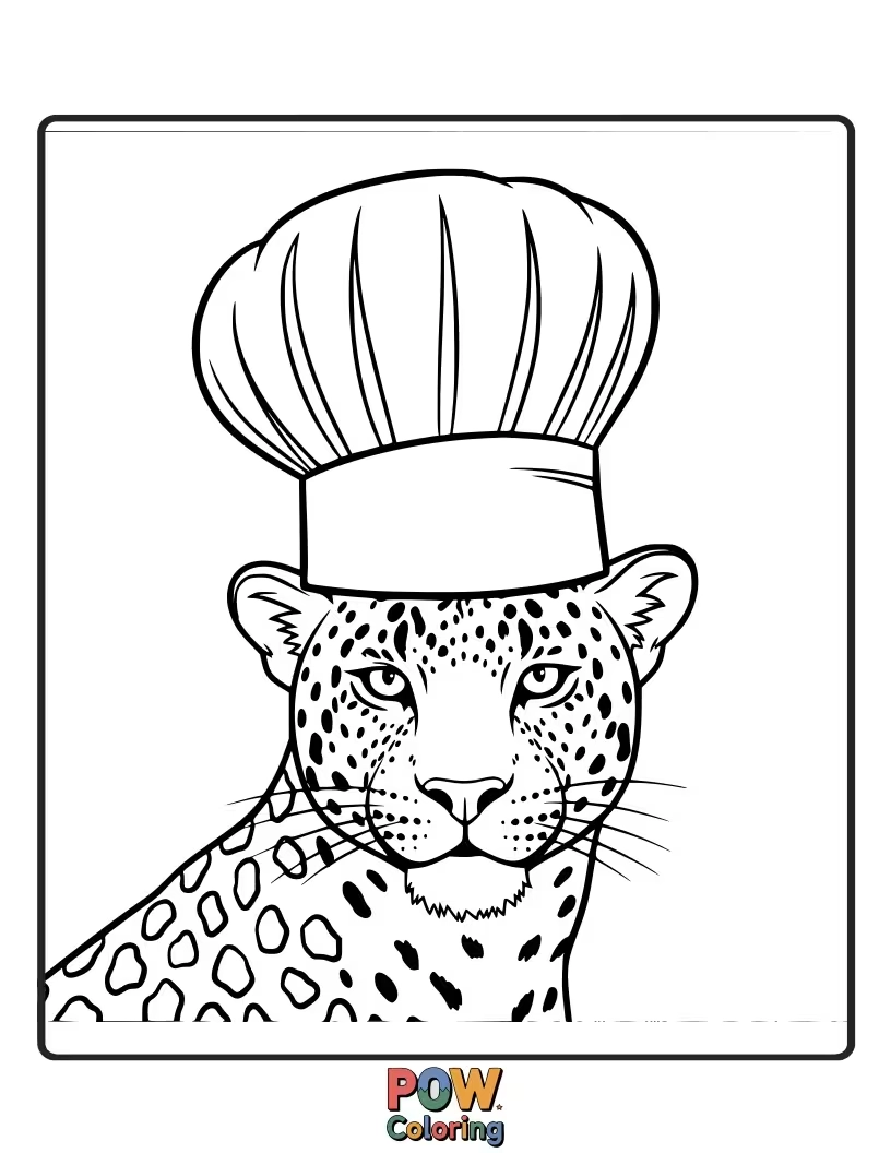 Free coloring page of A skilled leopard is wearing a chef's hat and apron, ready to cook up a storm. What culinary masterpiece will it create?