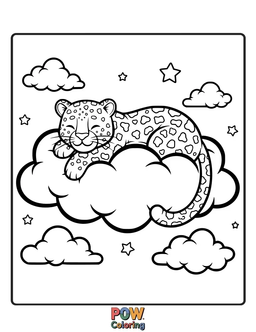 Free coloring page of This dreamy leopard is lounging comfortably on a fluffy cloud, its spots blending with the sky. What colors for the sky?