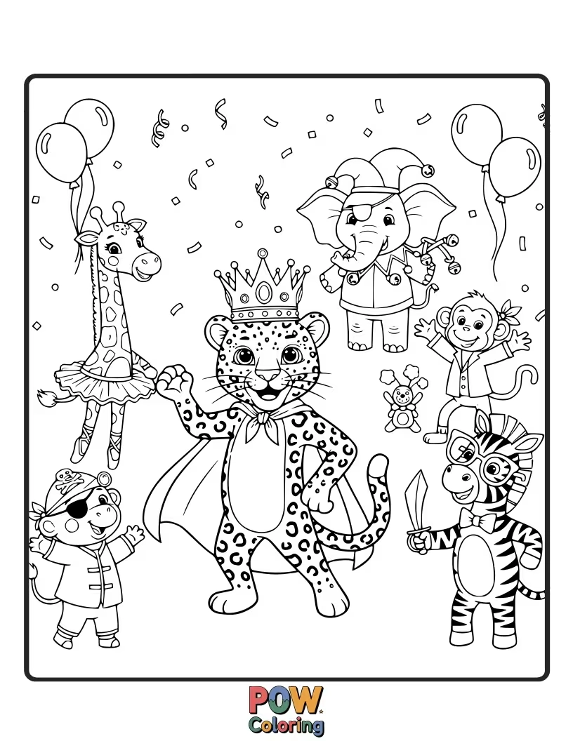 Free coloring page of This leopard is dressed in a hilarious costume, ready to party! What silly outfit is it wearing?