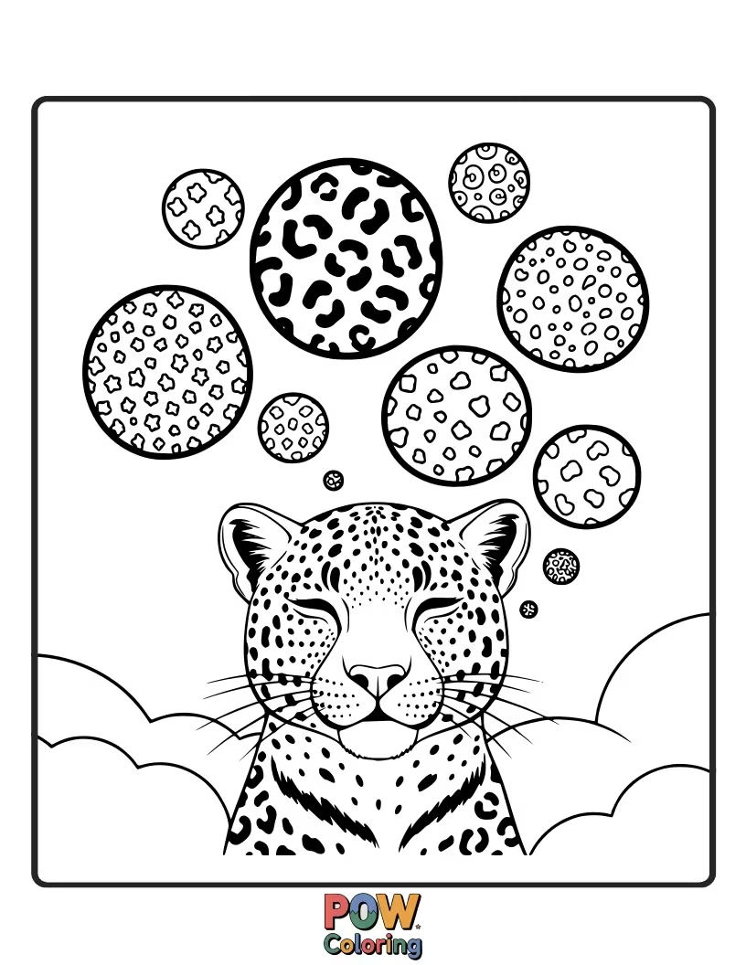 Free coloring page of A sleepy leopard dreams of colorful polka dots replacing its usual rosettes. What vibrant hues will you choose?