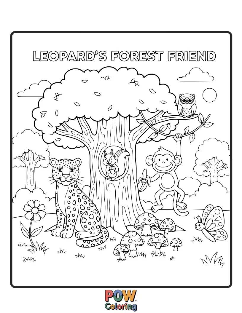 Free coloring page of This gentle leopard is sharing a berry with a tiny bird perched on its nose. A picture of friendship.