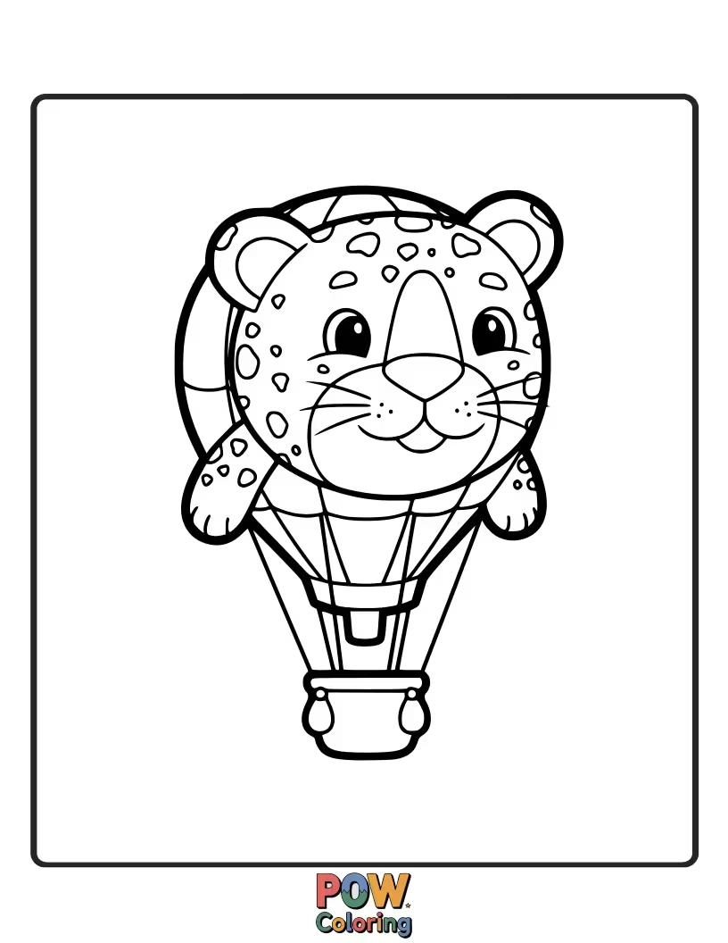 Free coloring page of This adventurous leopard is piloting a hot air balloon shaped like a giant, spotted egg. Where will it explore?