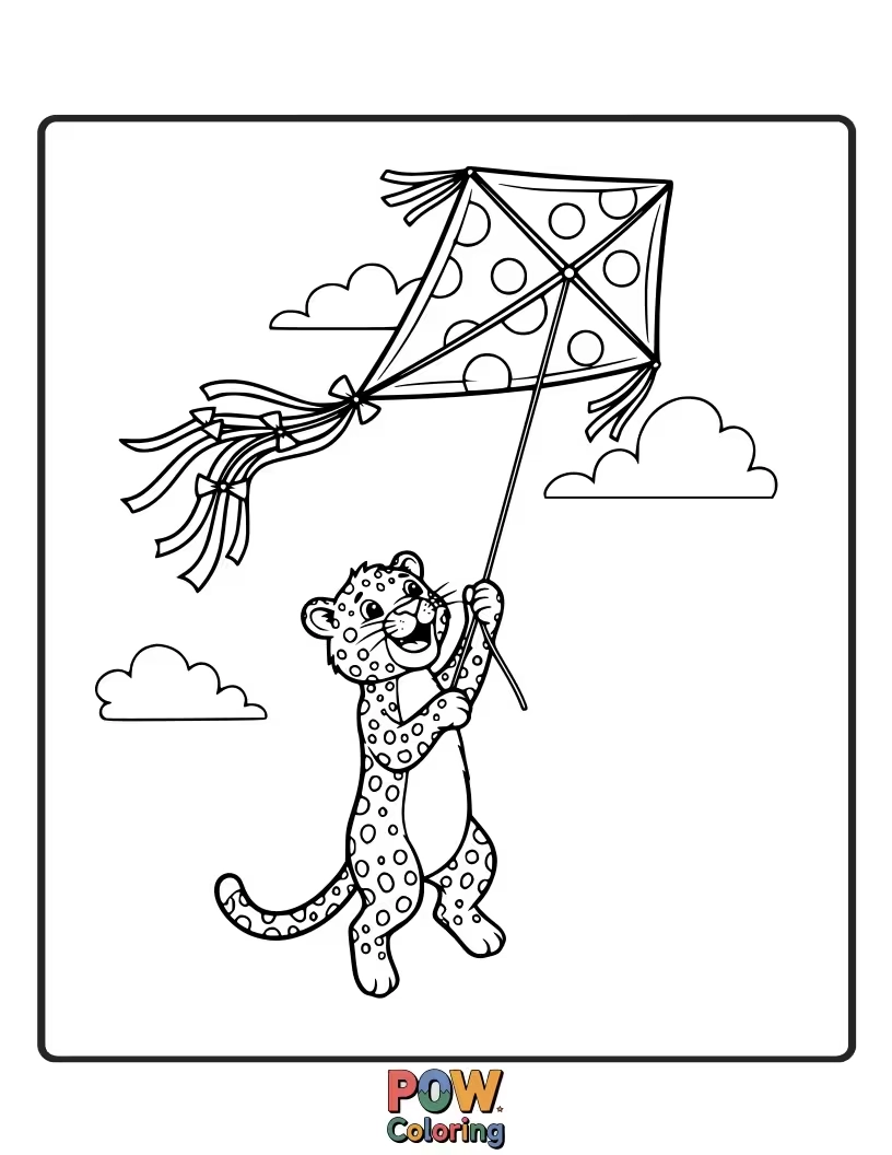 Free coloring page of This joyful leopard is flying a kite shaped like a giant, colorful spot. Where will the wind take it?