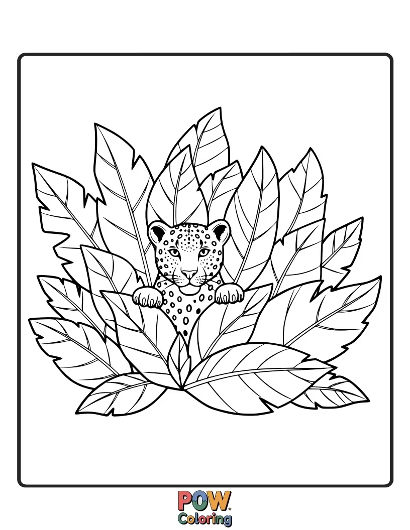 Free coloring page of This leopard is camouflaged amongst giant, patterned leaves. Help it blend in with earthy tones or vibrant jungle colors.