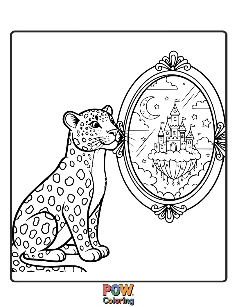 Free coloring page of A leopard peers into a magical mirror that shows it in different fantastical forms. What will it transform into?
