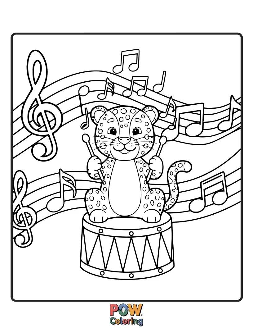 Free coloring page of This artistic leopard is playing a whimsical instrument, its spots seeming to dance to the tune. What song is it playing?
