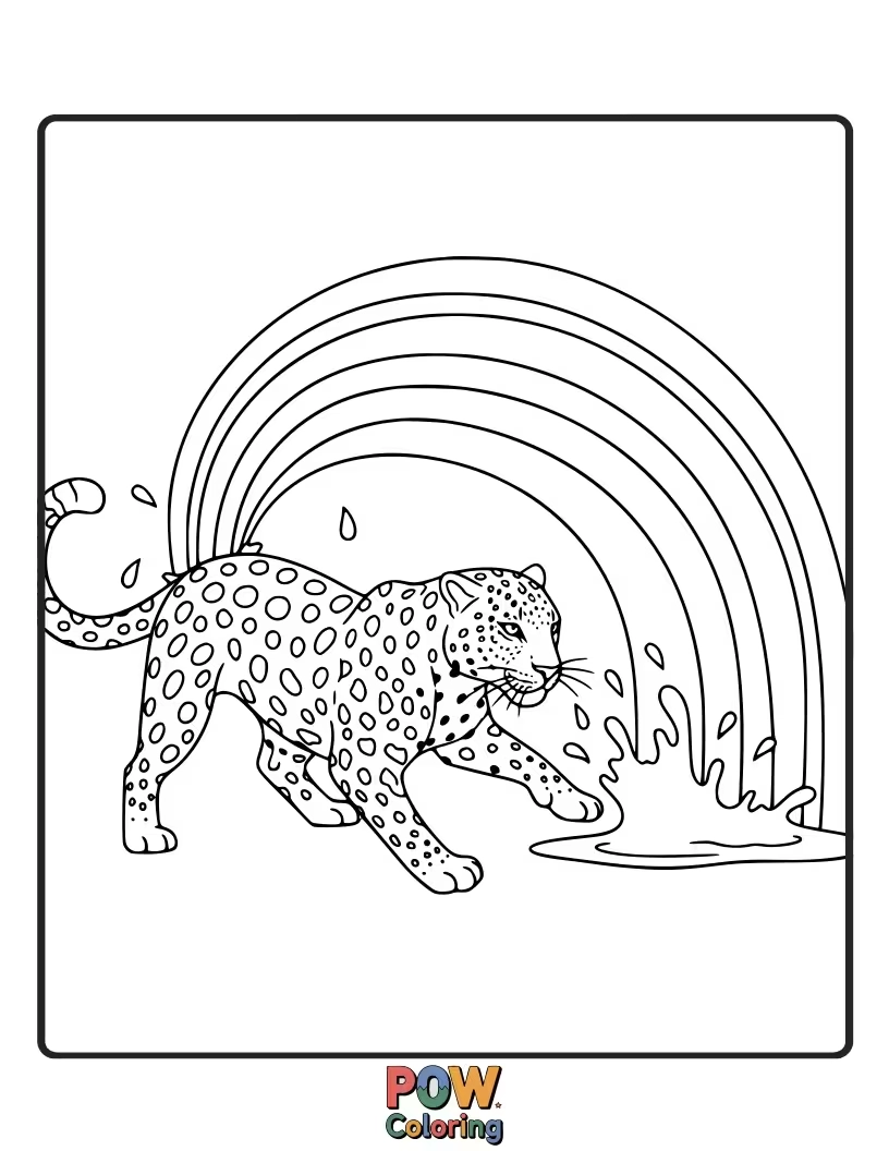 Free coloring page of A playful leopard is caught mid-pounce in a vibrant rainbow splash! Color the dynamic movement and bright colors.