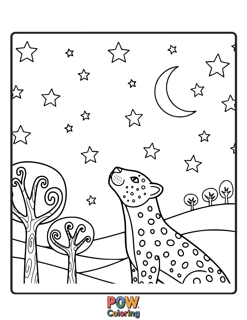Free coloring page of This leopard is gazing at a sky filled with constellations shaped like its own spots. Color the celestial scene!
