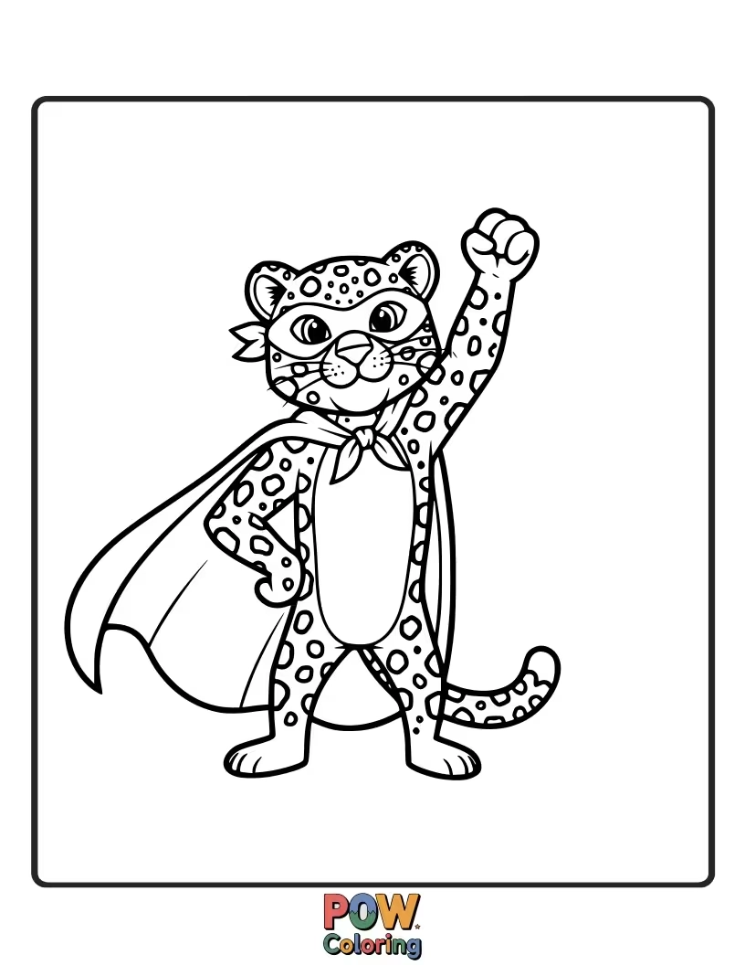 Free coloring page of This brave leopard is ready for action, wearing a cool cape and mask. What superpowers does it possess?